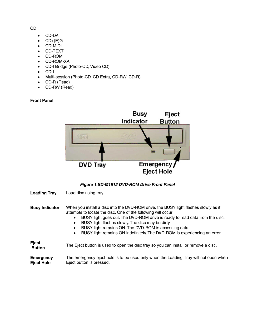 Toshiba SD-M1612 user manual Front Panel, Eject Button Emergency Eject Hole 