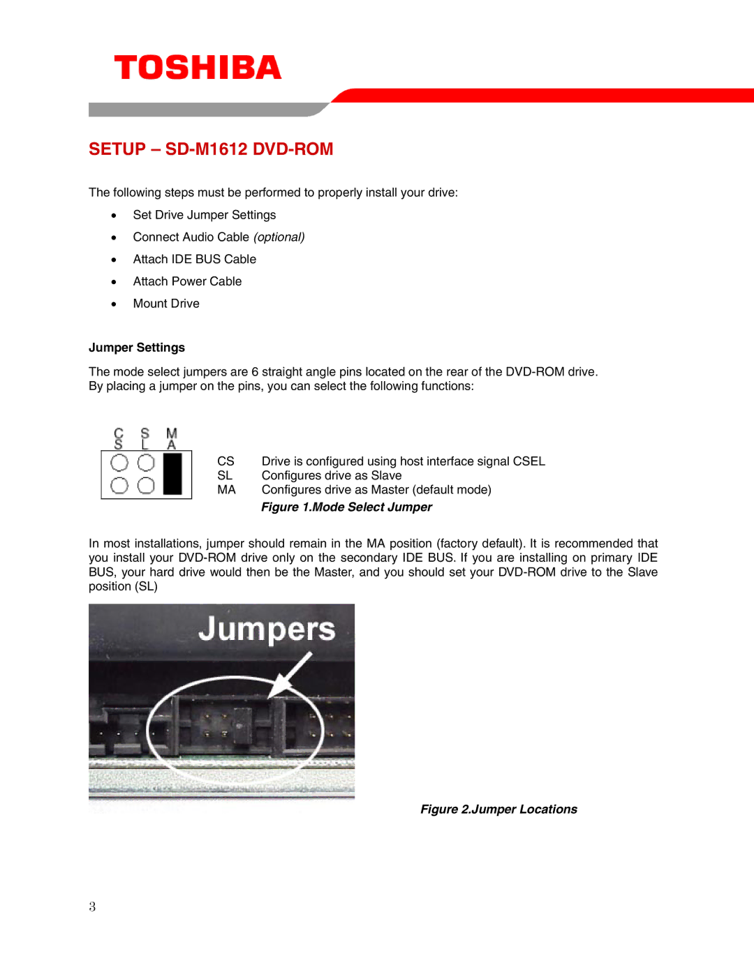 Toshiba user manual Setup SD-M1612 DVD-ROM, Jumper Settings 