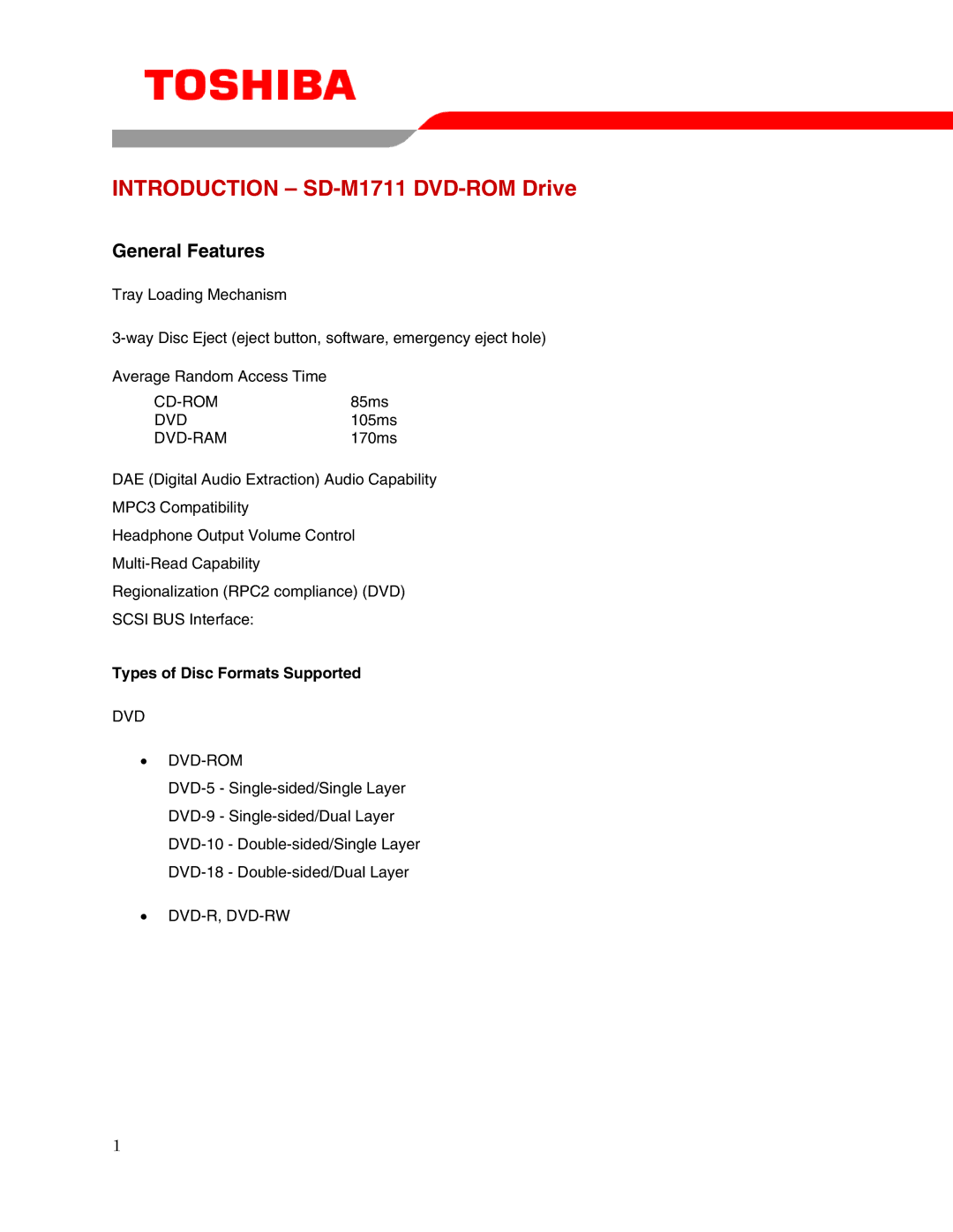 Toshiba user manual Introduction SD-M1711 DVD-ROM Drive, Types of Disc Formats Supported 