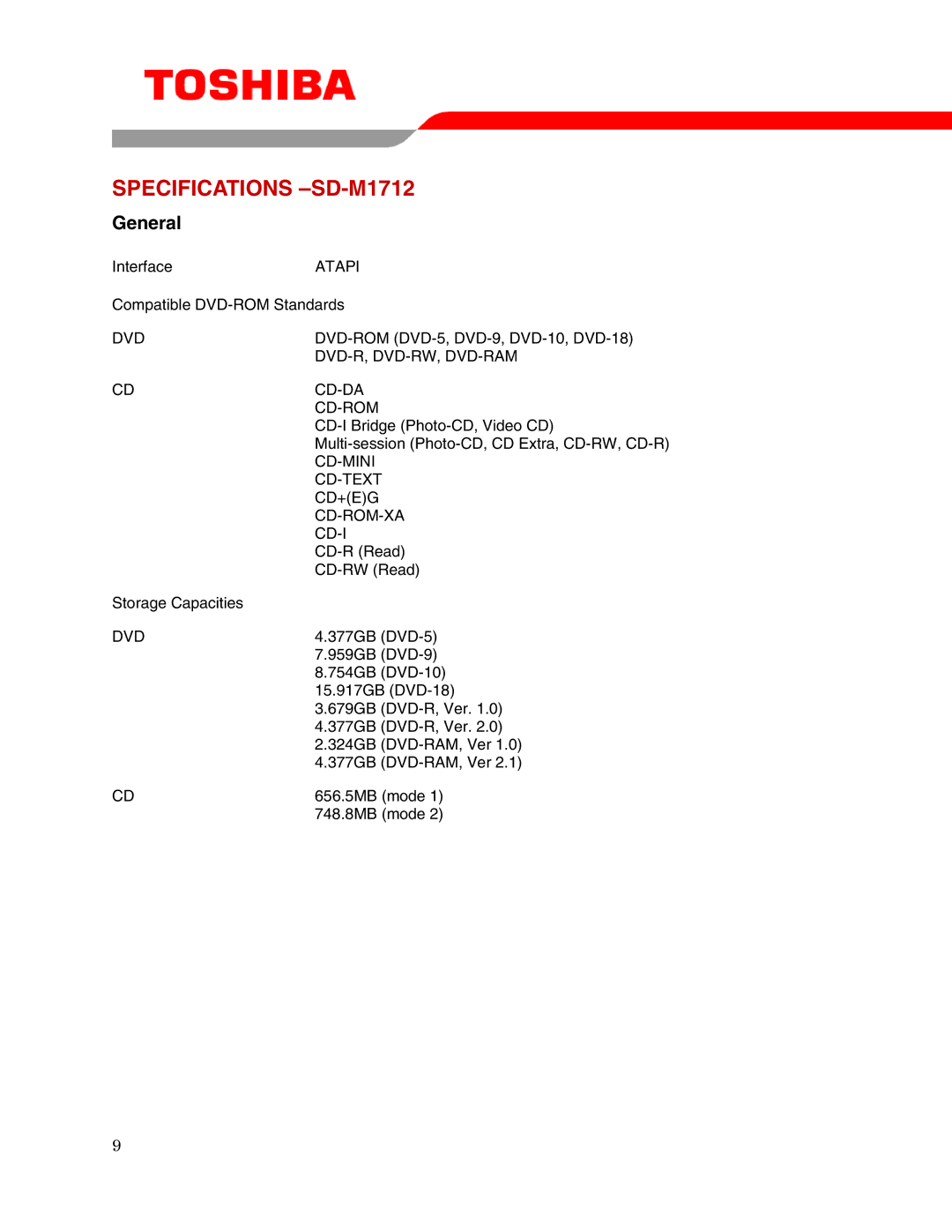 Toshiba user manual Specifications -SD-M1712, General 