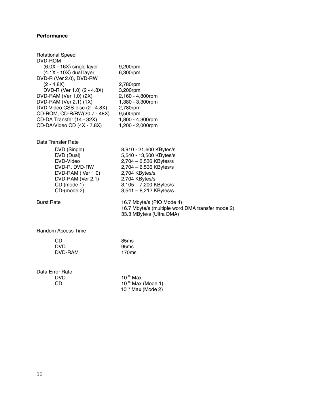 Toshiba SD-M1712 user manual Performance 