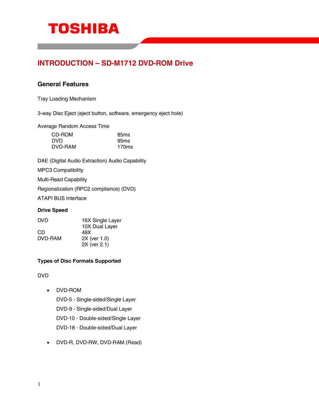 Toshiba SD-M1712 user manual Drive Speed, Types of Disc Formats Supported 