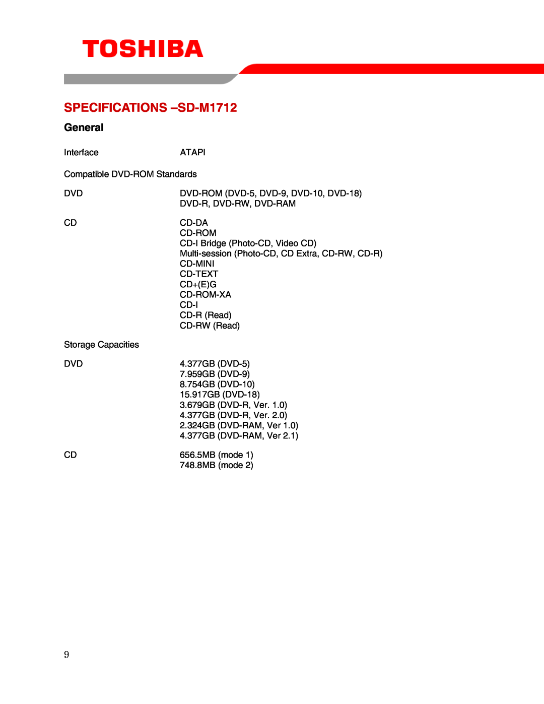 Toshiba user manual SPECIFICATIONS -SD-M1712, General 
