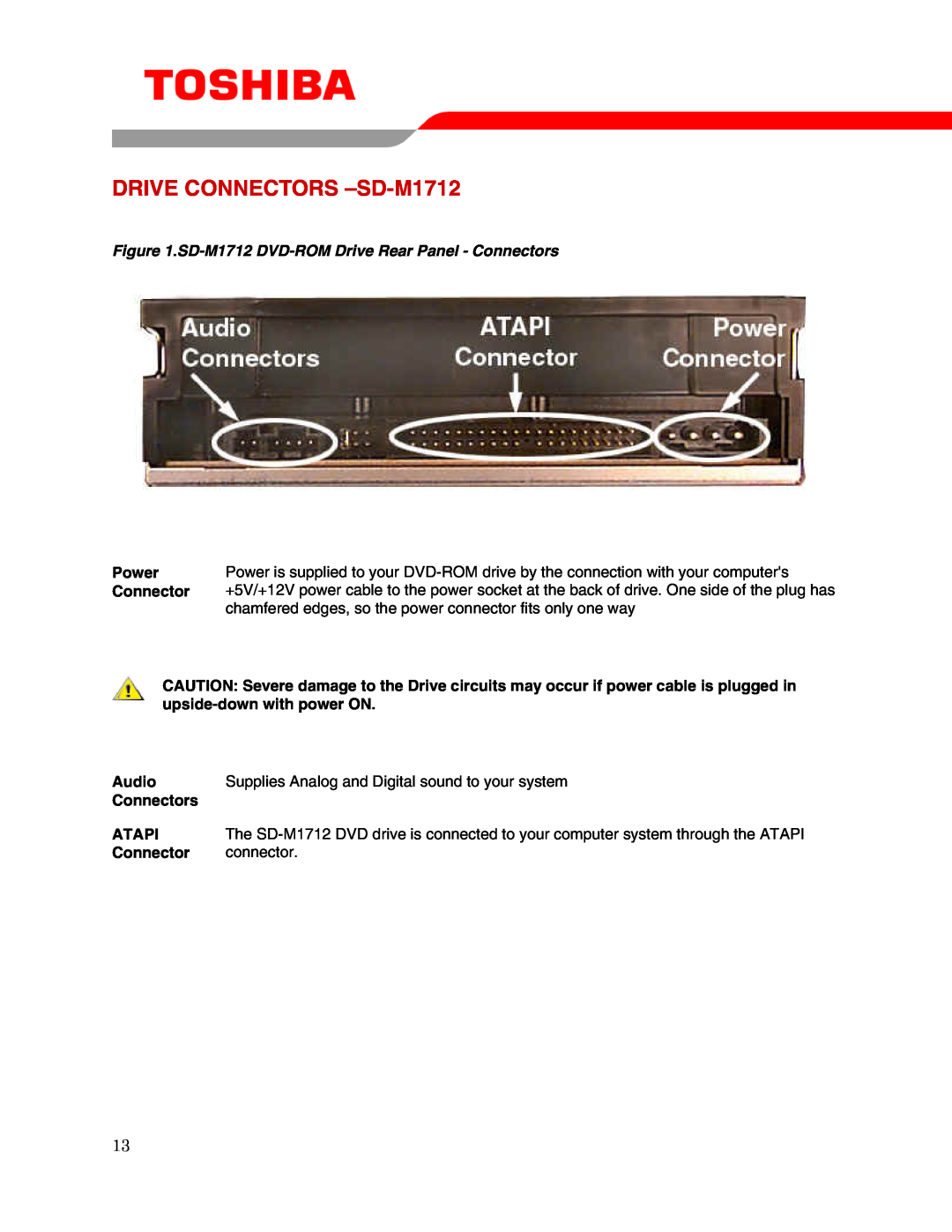 Toshiba user manual DRIVE CONNECTORS -SD-M1712, SD-M1712 DVD-ROM Drive Rear Panel - Connectors, Atapi, Power, Audio 