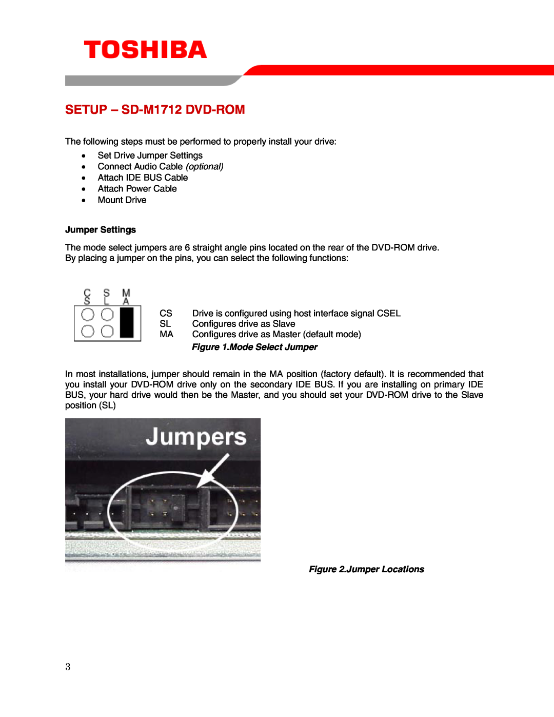 Toshiba user manual SETUP - SD-M1712 DVD-ROM, Jumper Settings, Mode Select Jumper, Jumper Locations 