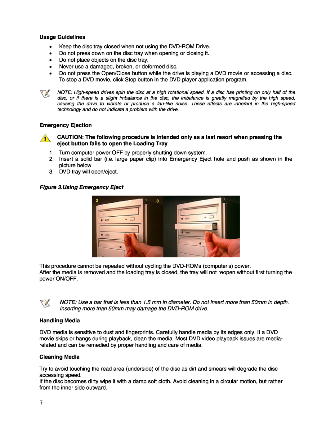 Toshiba SD-M1712 user manual Usage Guidelines, Emergency Ejection, Using Emergency Eject, Handling Media, Cleaning Media 