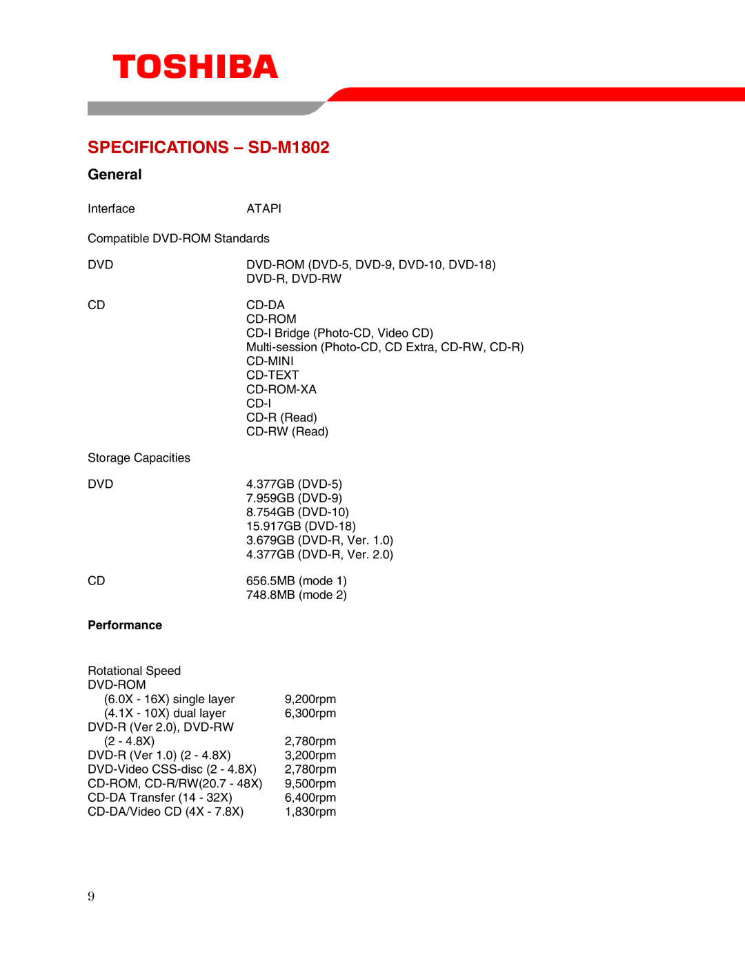 Toshiba user manual Specifications SD-M1802, Performance 