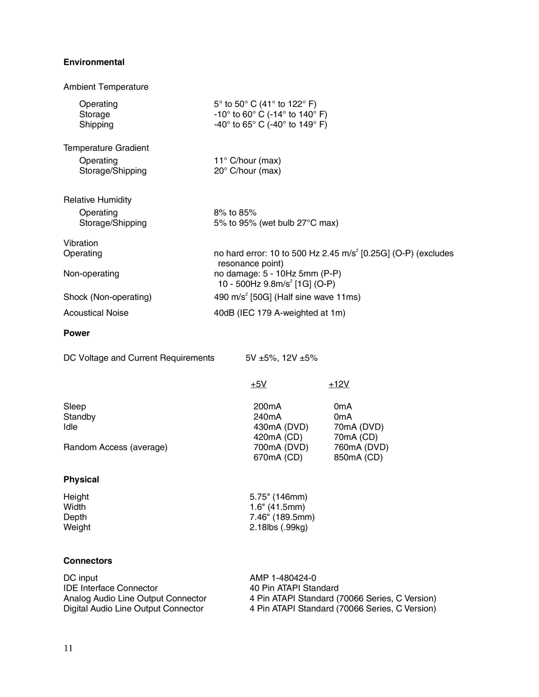 Toshiba SD-M1802 user manual Environmental, Power, Physical, Connectors 