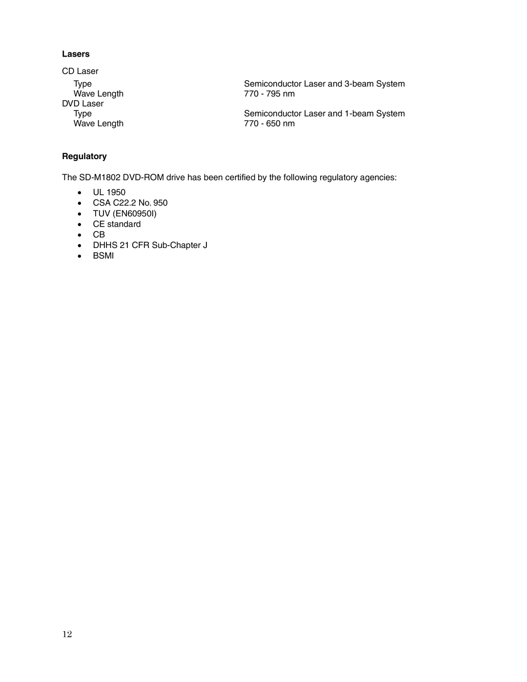 Toshiba SD-M1802 user manual Lasers, Regulatory 