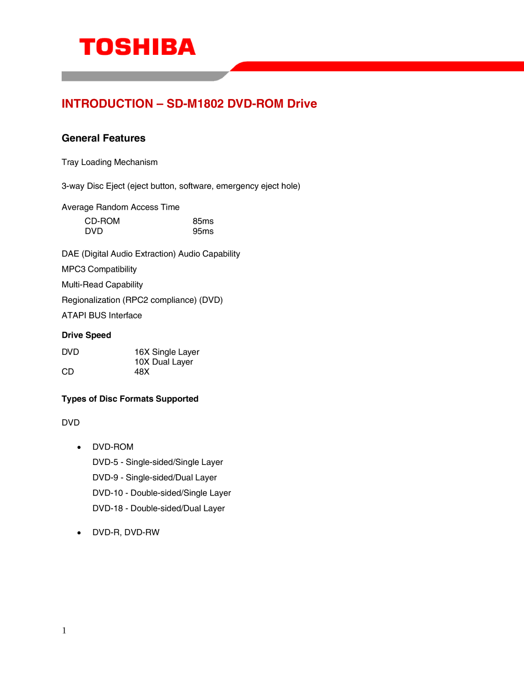 Toshiba SD-M1802 user manual Drive Speed, Types of Disc Formats Supported 