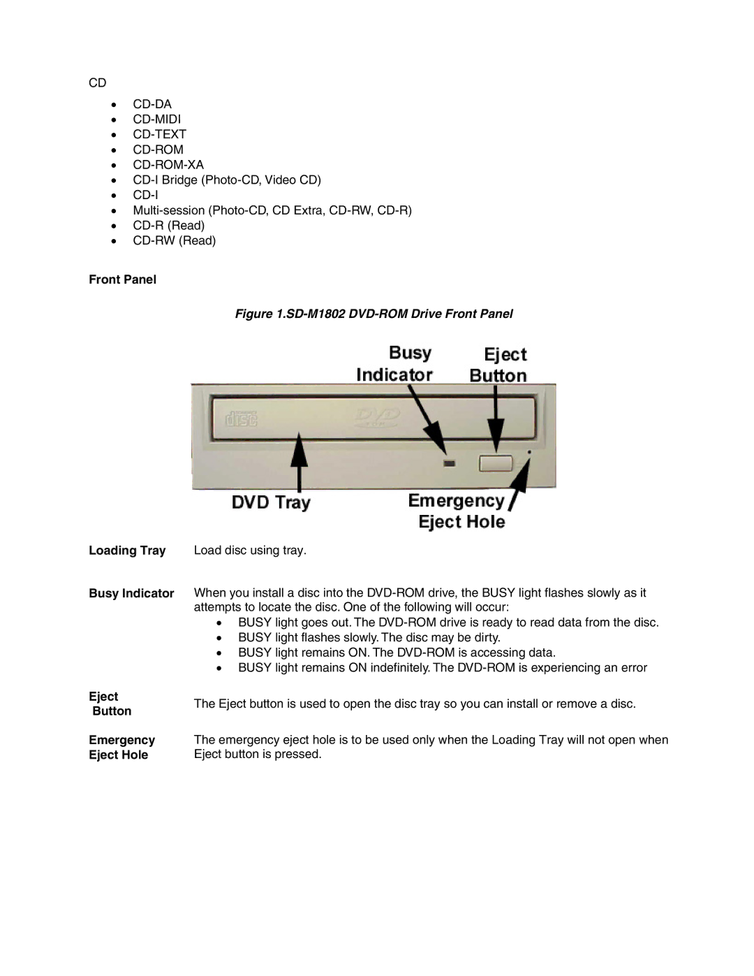 Toshiba SD-M1802 user manual Front Panel, Loading Tray Busy Indicator, Eject Button Emergency Eject Hole 