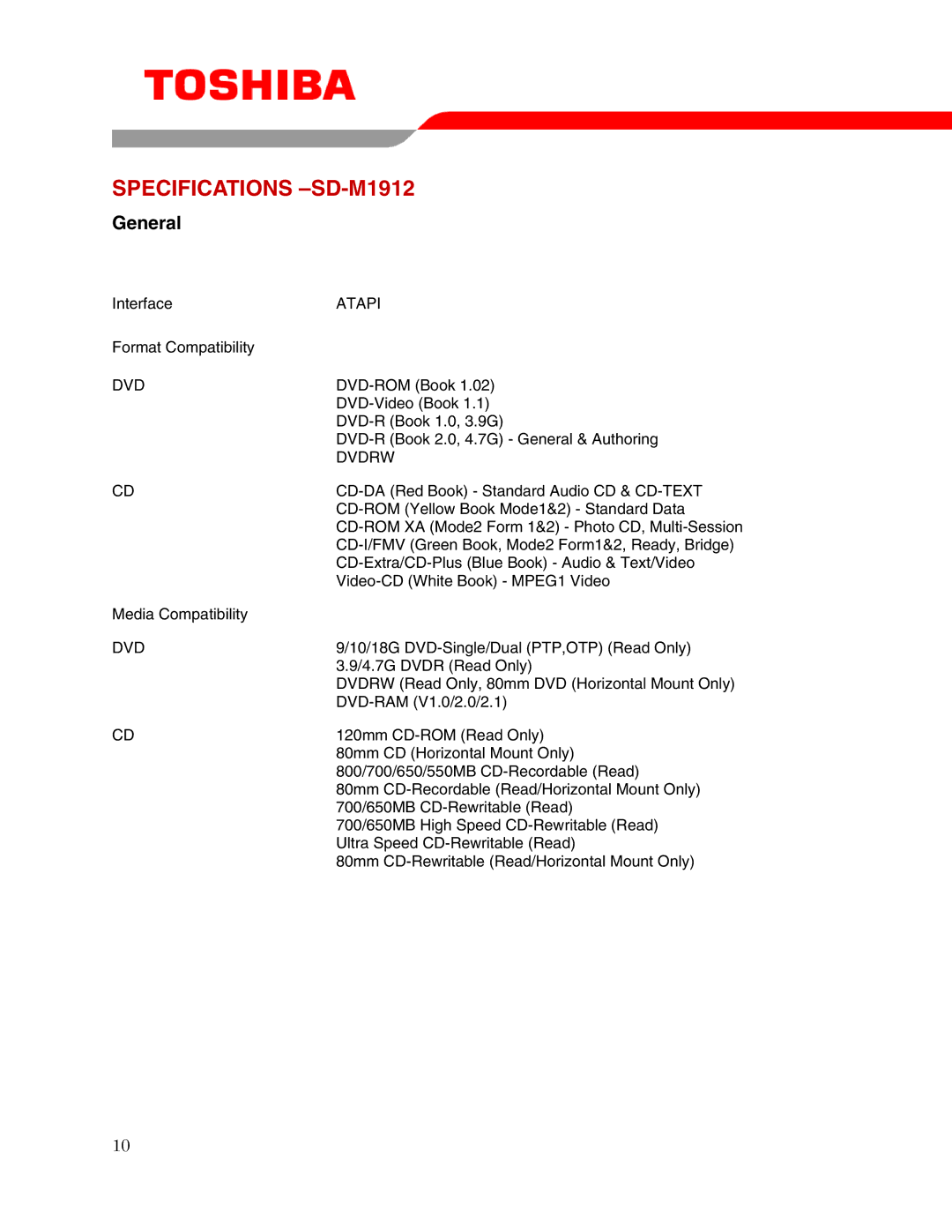 Toshiba user manual Specifications -SD-M1912, General 