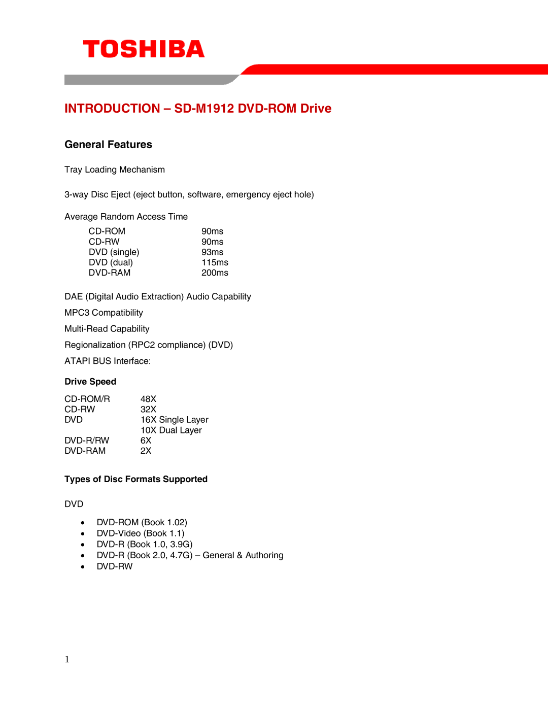 Toshiba SD-M1912 user manual Drive Speed, Types of Disc Formats Supported 