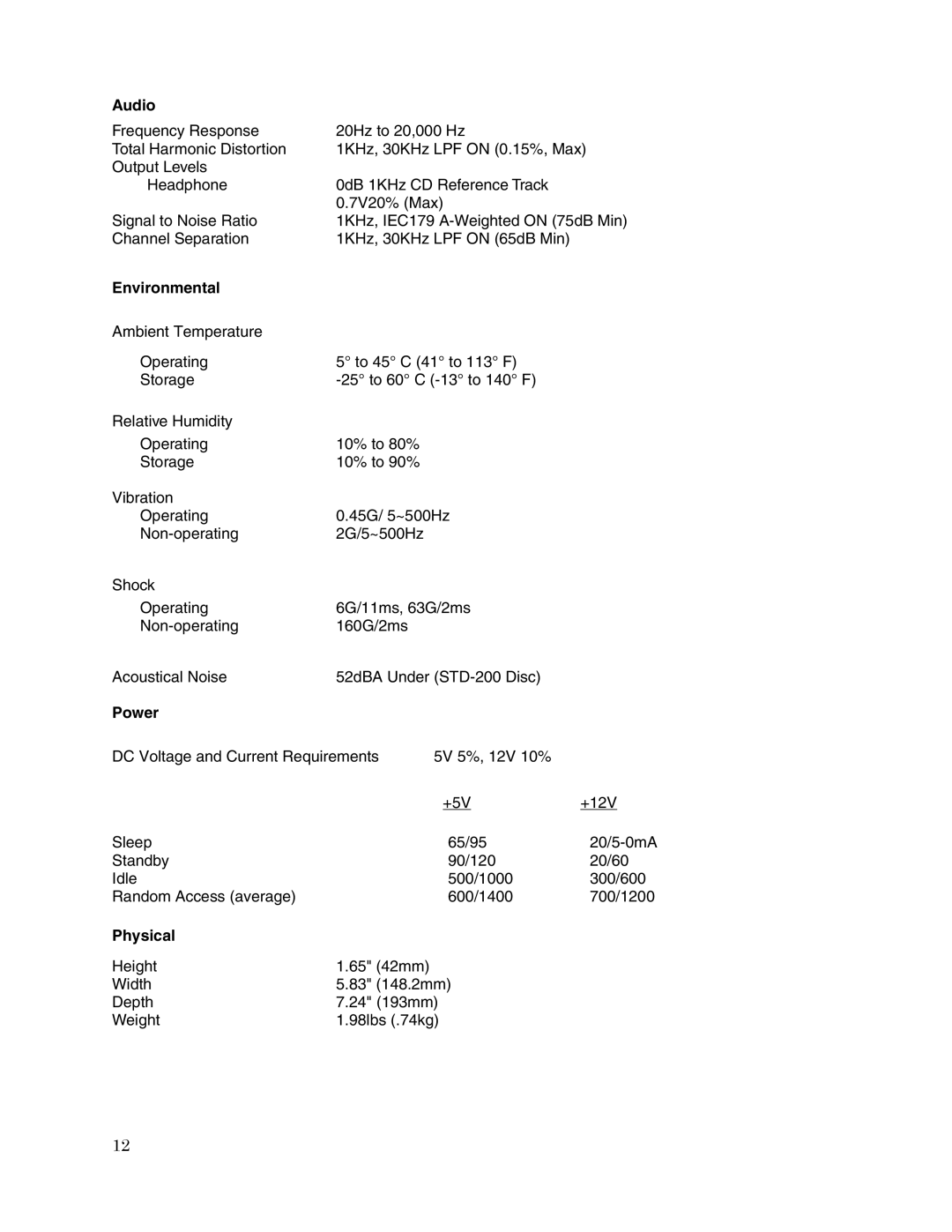 Toshiba SD-M1912 user manual Audio, Environmental, Power, Physical 