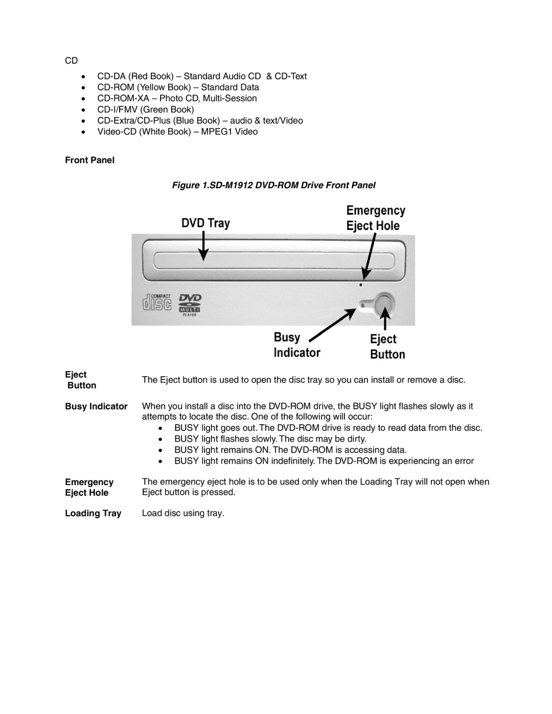 Toshiba SD-M1912 user manual Front Panel, Eject Button Busy Indicator Emergency Eject Hole 