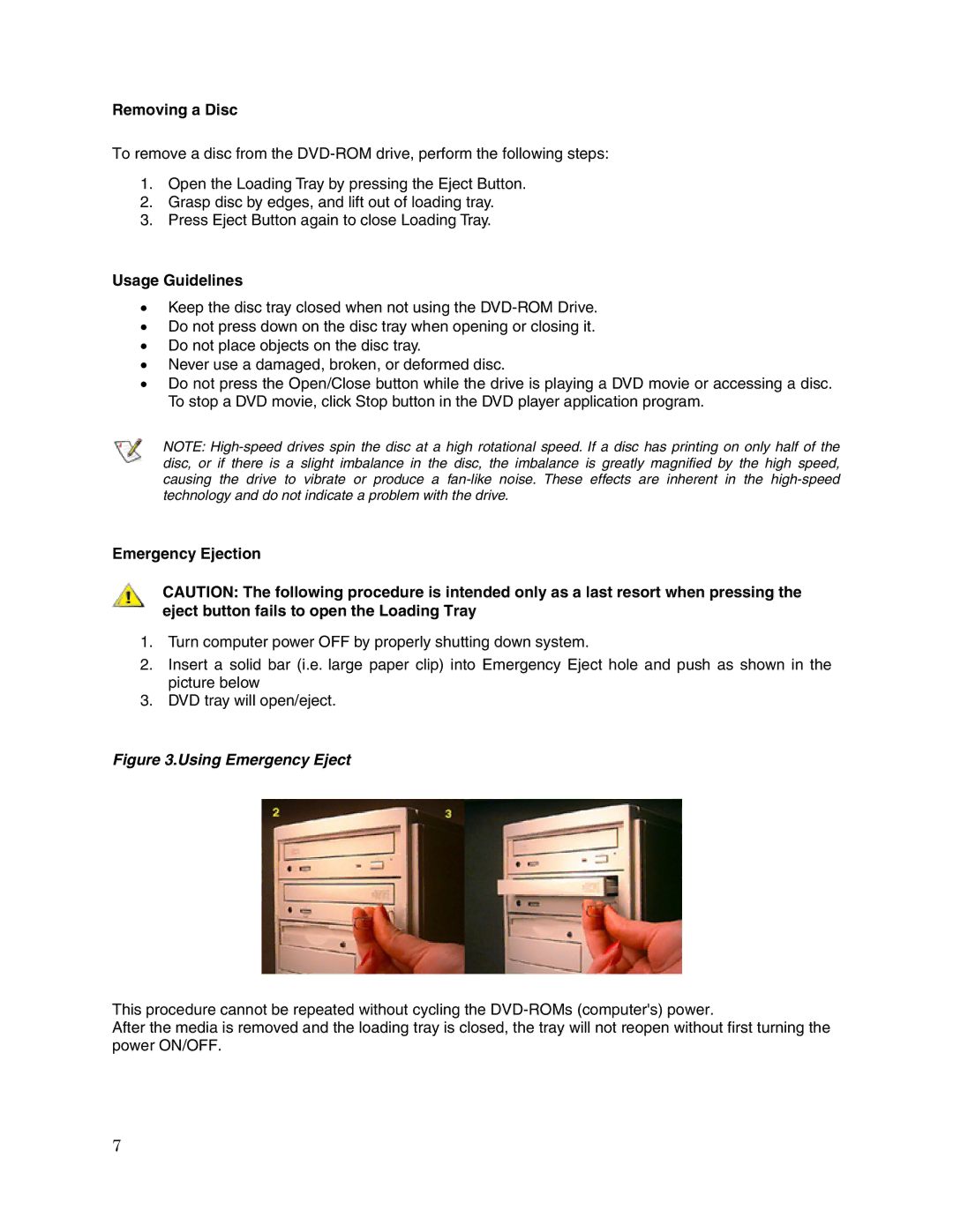 Toshiba SD-M1912 user manual Removing a Disc, Usage Guidelines, Emergency Ejection 