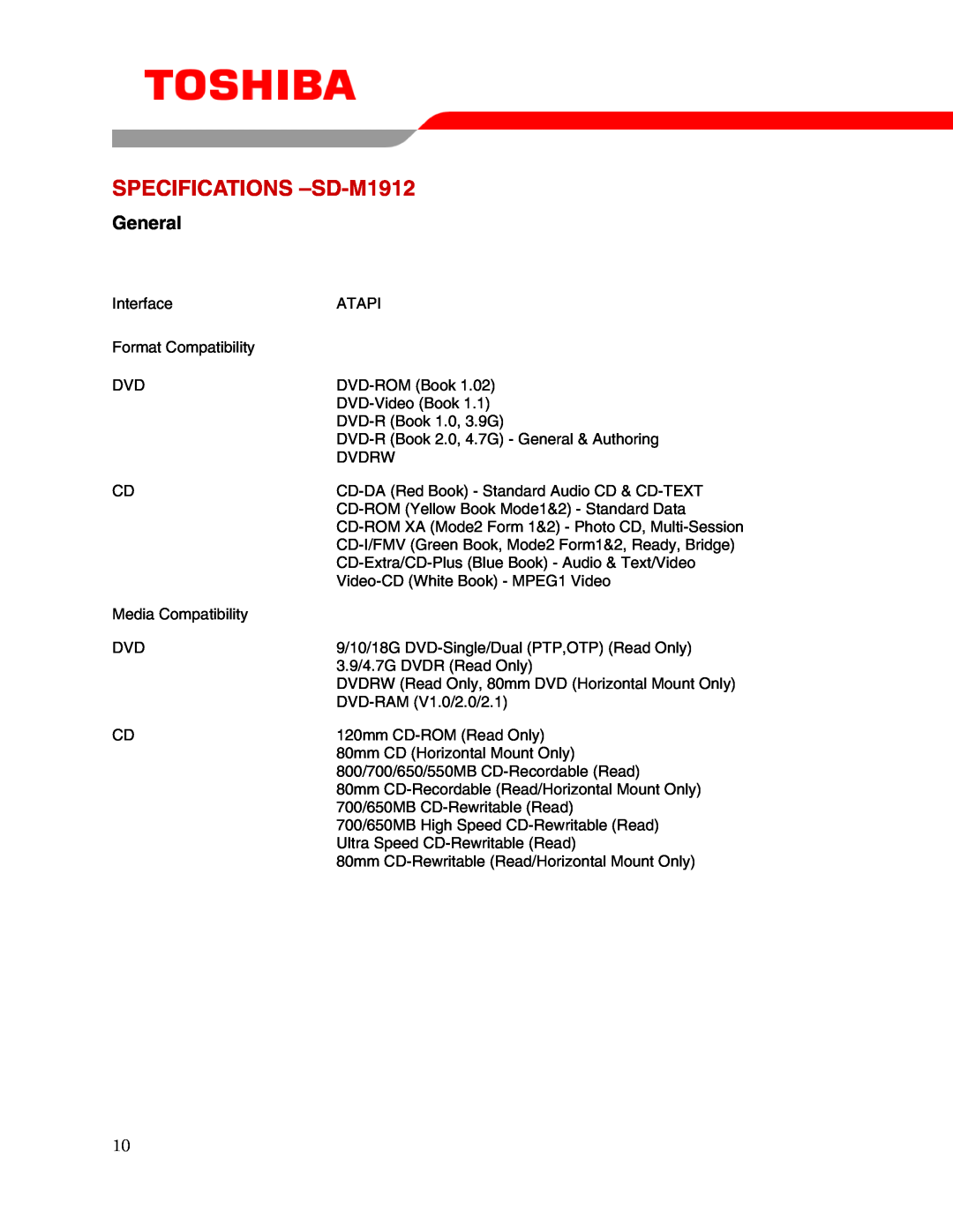 Toshiba user manual SPECIFICATIONS -SD-M1912, General 