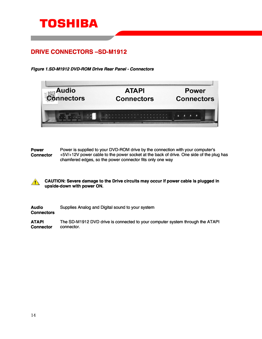 Toshiba user manual DRIVE CONNECTORS -SD-M1912, SD-M1912 DVD-ROM Drive Rear Panel - Connectors, Atapi, Power, Audio 