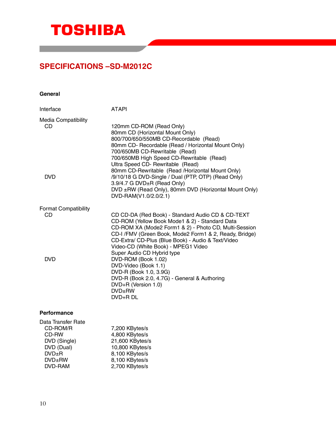 Toshiba user manual Specifications -SD-M2012C, General, Performance 