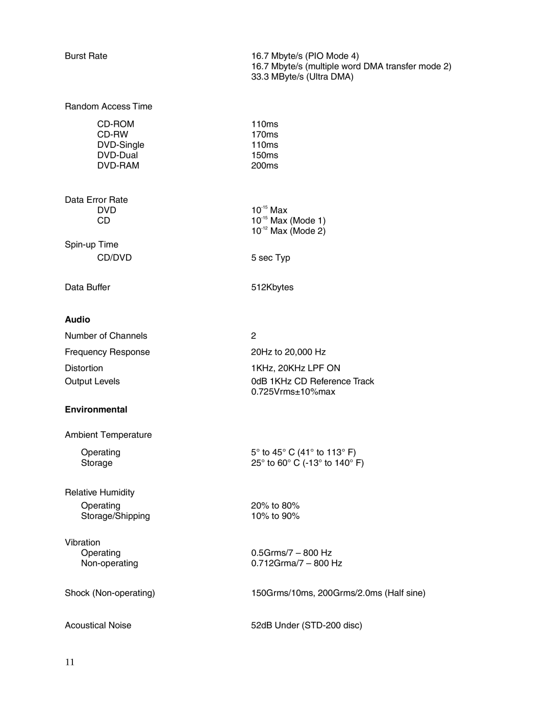 Toshiba SD-M2012C user manual Audio, Environmental 