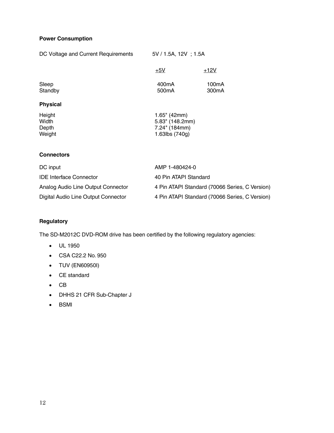 Toshiba SD-M2012C user manual Power Consumption, Physical, Connectors, Regulatory 