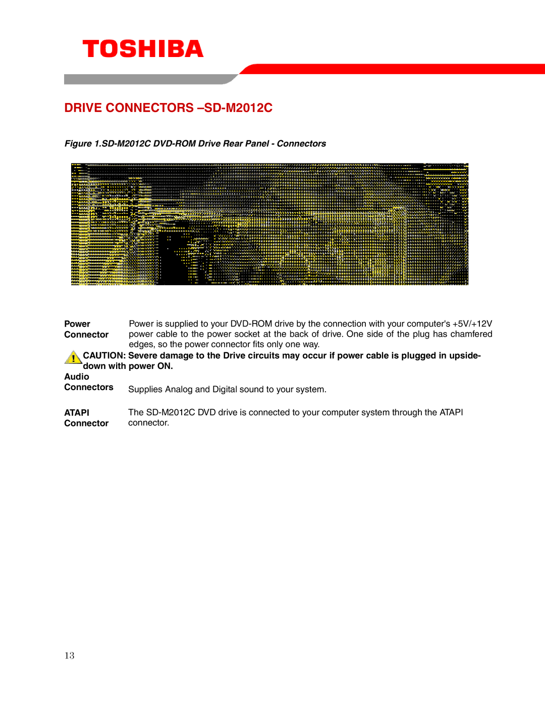 Toshiba user manual Drive Connectors -SD-M2012C, Power, Audio Connectors 