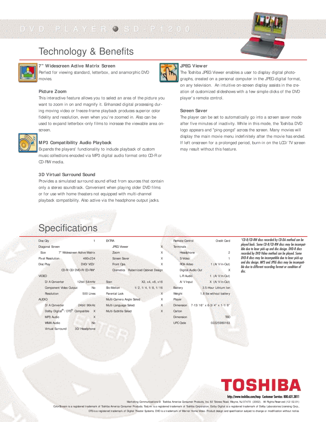 Toshiba SD-P1200 manual Technology & Benefits, Specifications 