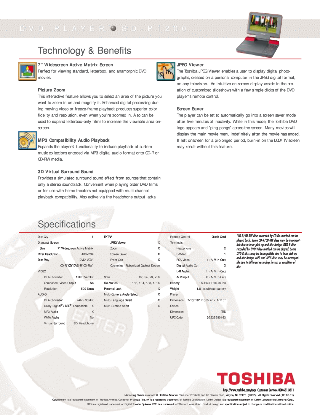 Toshiba SD-P1200 Technology & Benefits, Specifications, D V D P L A Y E R S D - P 1 2 0, Widescreen Active Matrix Screen 