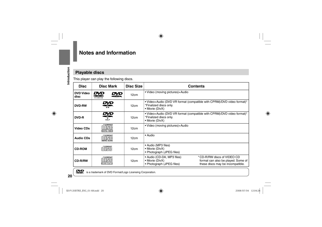 Toshiba SD-P120DTKE owner manual Playable discs, Disc Disc Mark Disc Size Contents 