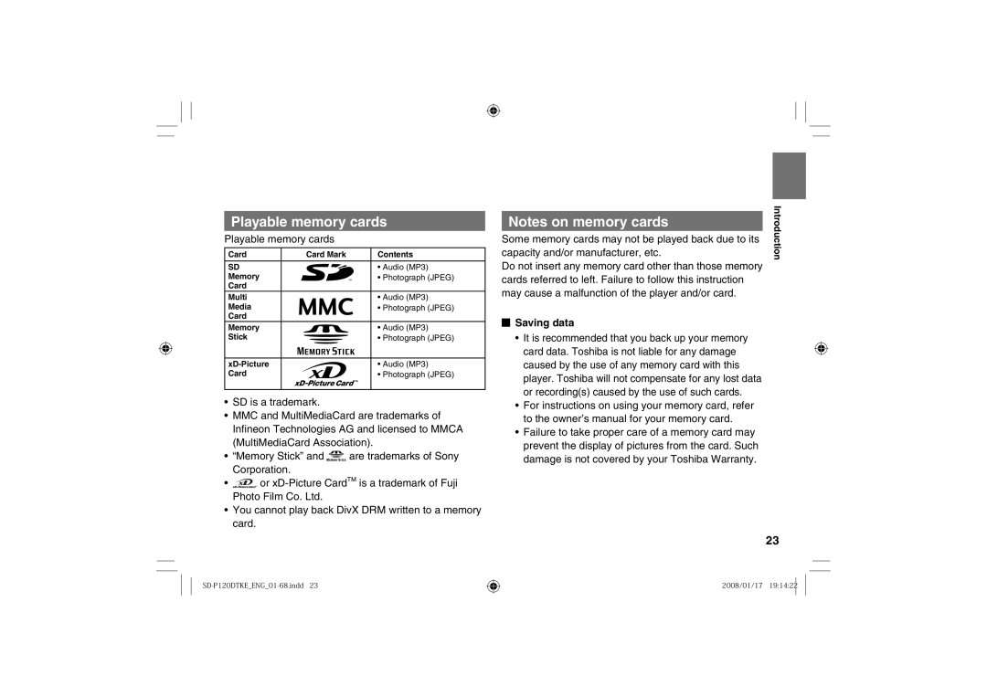 Toshiba SD-P120DTKE owner manual Playable memory cards, Saving data 