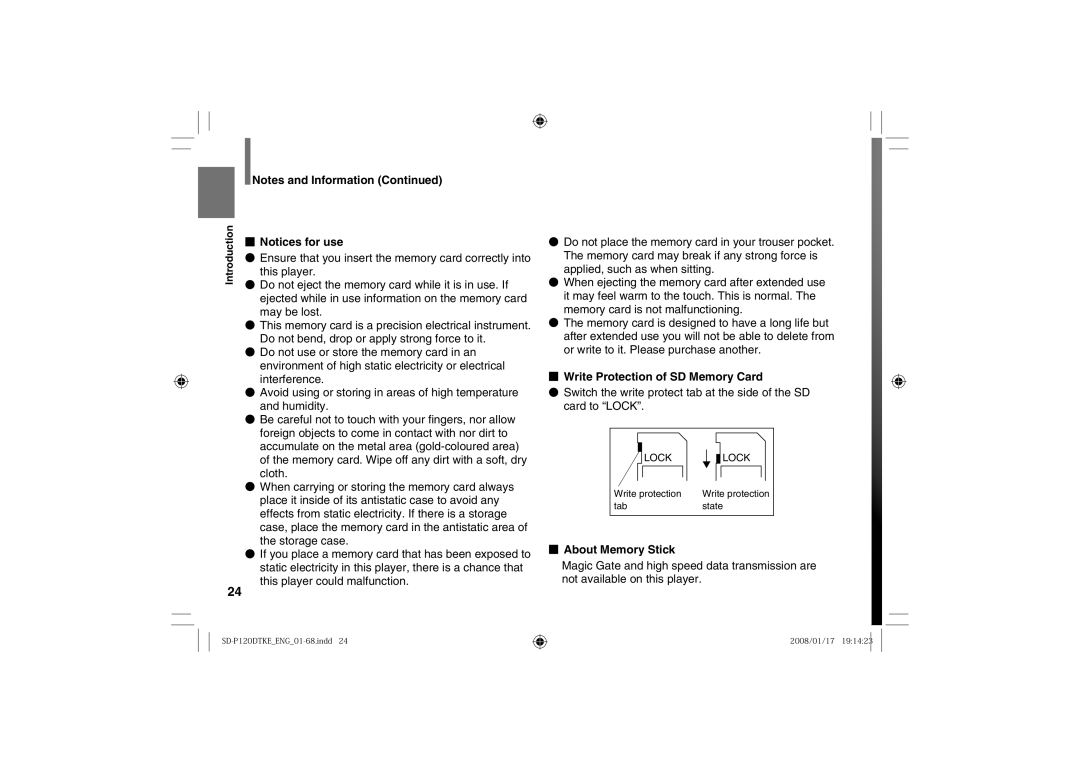 Toshiba SD-P120DTKE owner manual Write Protection of SD Memory Card, About Memory Stick 