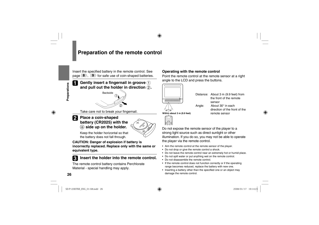 Toshiba SD-P120DTKE owner manual Preparation of the remote control, Gently insert a ﬁngernail in groove 