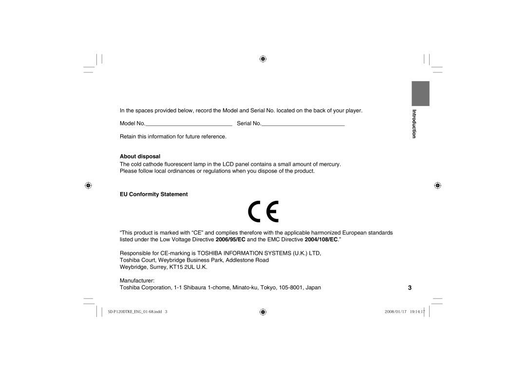 Toshiba SD-P120DTKE owner manual Retain this information for future reference, About disposal, EU Conformity Statement 