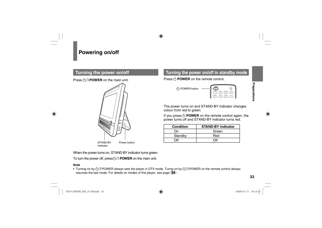 Toshiba SD-P120DTKE owner manual Powering on/off, Condition STAND-BY indicator 