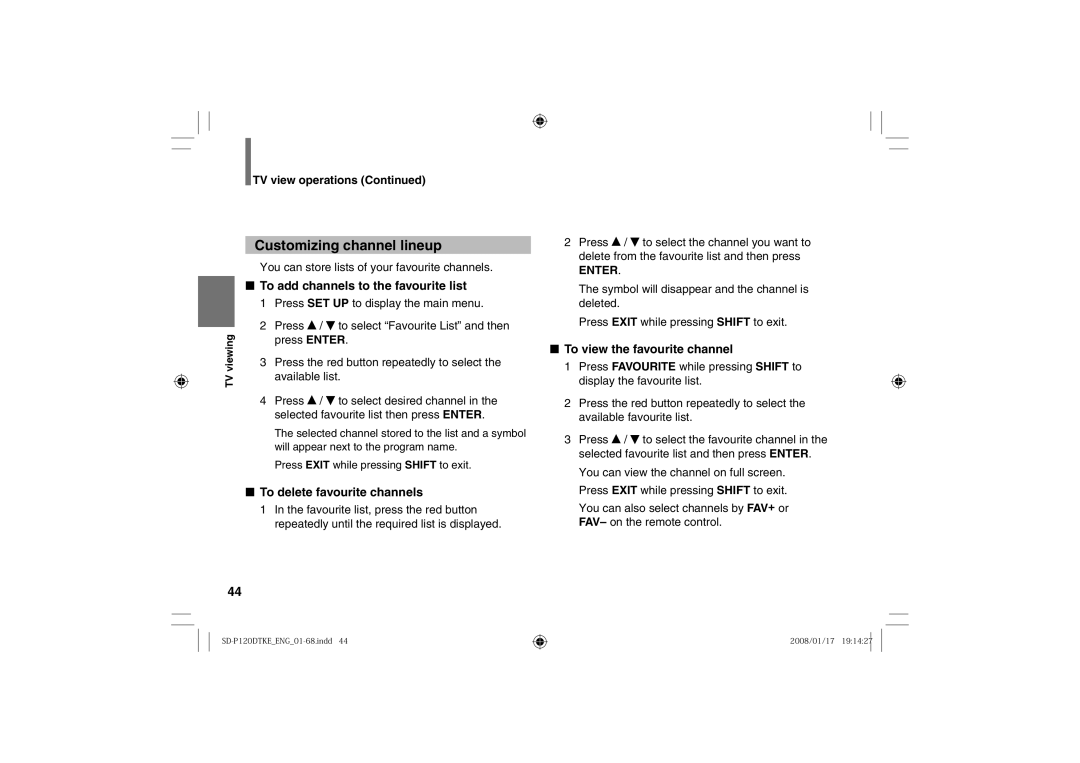 Toshiba SD-P120DTKE Customizing channel lineup, To add channels to the favourite list, To delete favourite channels 