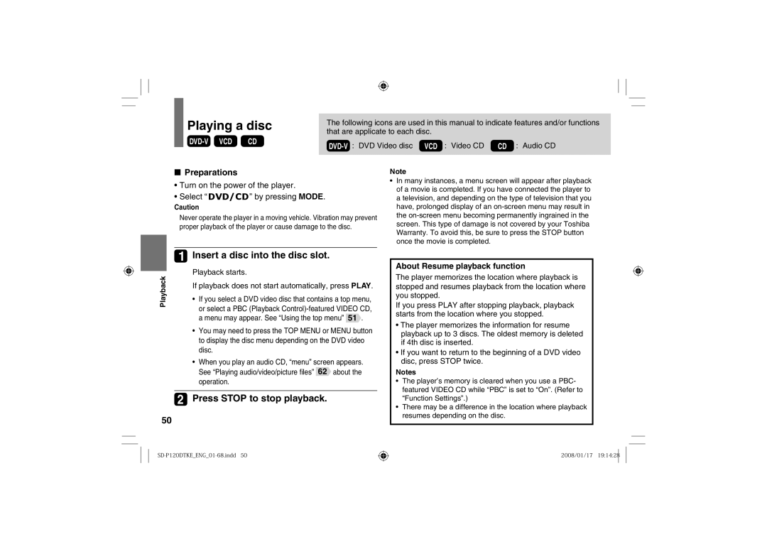 Toshiba SD-P120DTKE Playing a disc, Insert a disc into the disc slot, Press Stop to stop playback, Preparations 