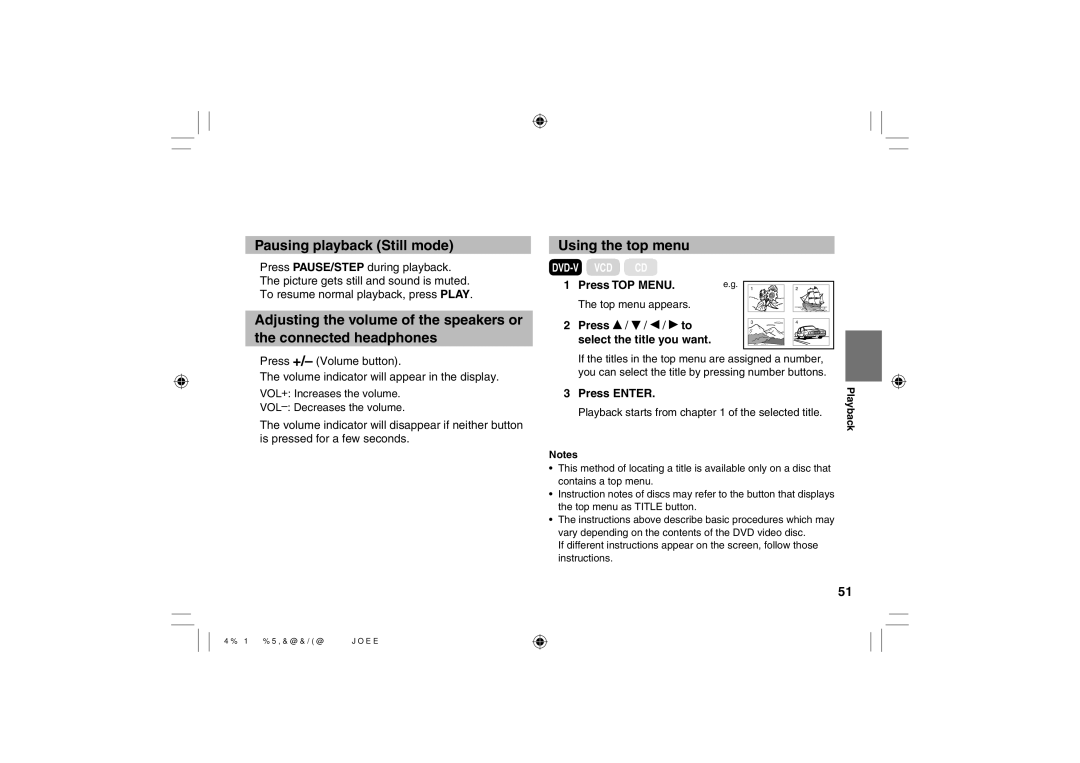 Toshiba SD-P120DTKE Pausing playback Still mode, Using the top menu, Press TOP Menu, Press Select the title you want 