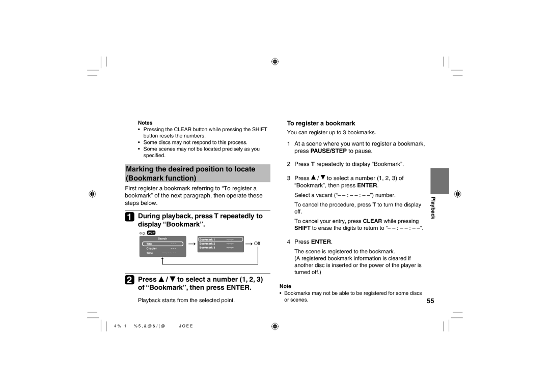 Toshiba SD-P120DTKE owner manual Marking the desired position to locate Bookmark function, Bookmark, then press Enter 