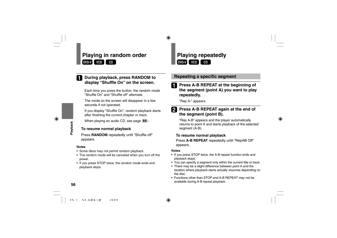 Toshiba SD-P120DTKE owner manual Playing in random order, Playing repeatedly, Repeating a speciﬁc segment 