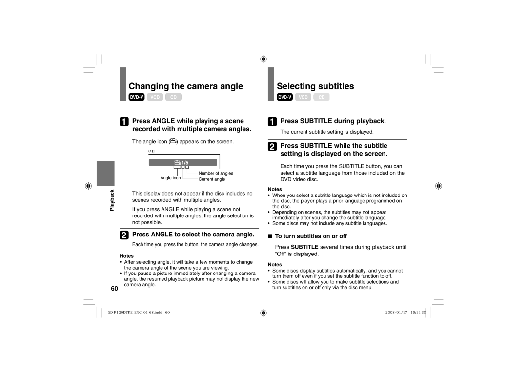 Toshiba SD-P120DTKE owner manual Changing the camera angle, Selecting subtitles, Press Subtitle during playback 