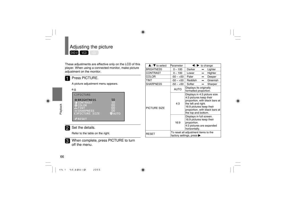 Toshiba SD-P120DTKE owner manual Adjusting the picture, Press Picture, Off the menu, When complete, press Picture to turn 