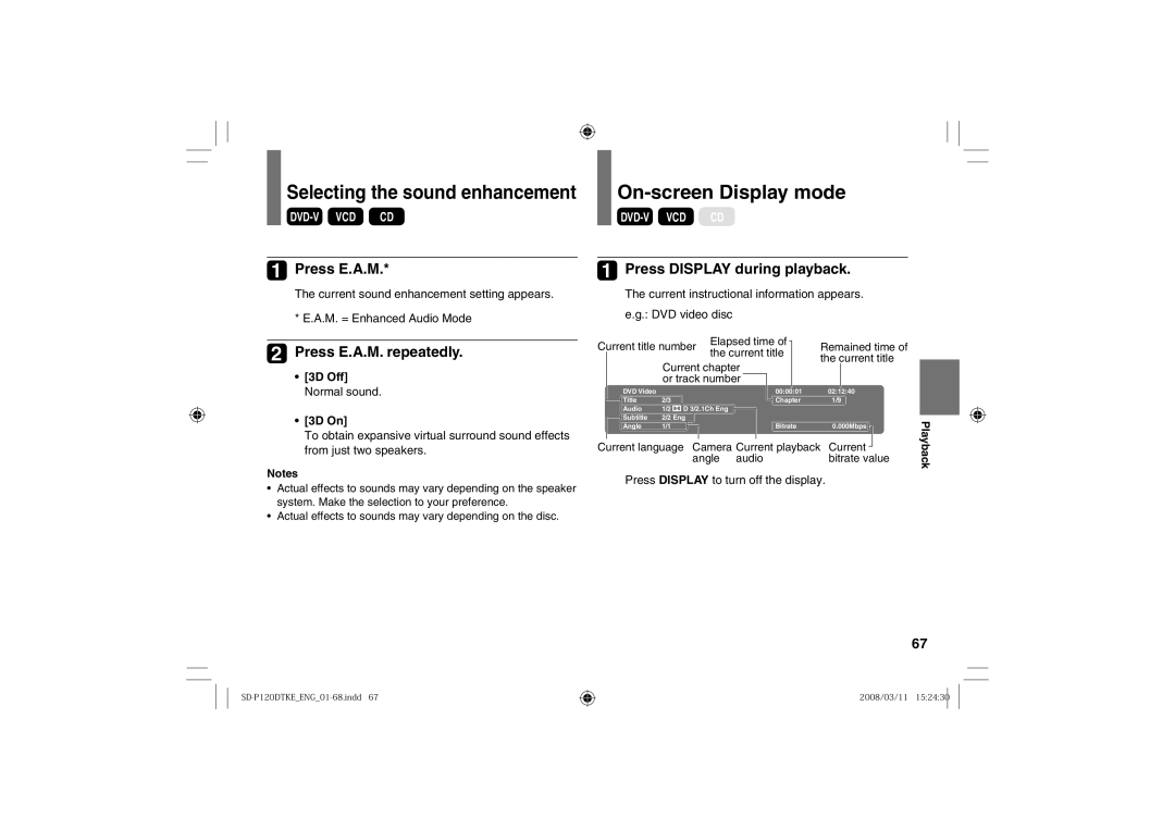 Toshiba SD-P120DTKE owner manual On-screen Display mode, Press E.A.M. repeatedly, Press Display during playback 