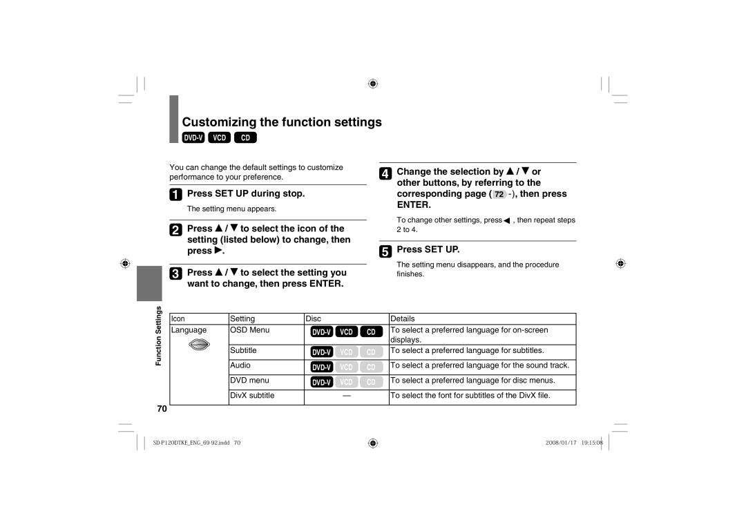 Toshiba SD-P120DTKE owner manual Customizing the function settings, Press SET UP during stop 