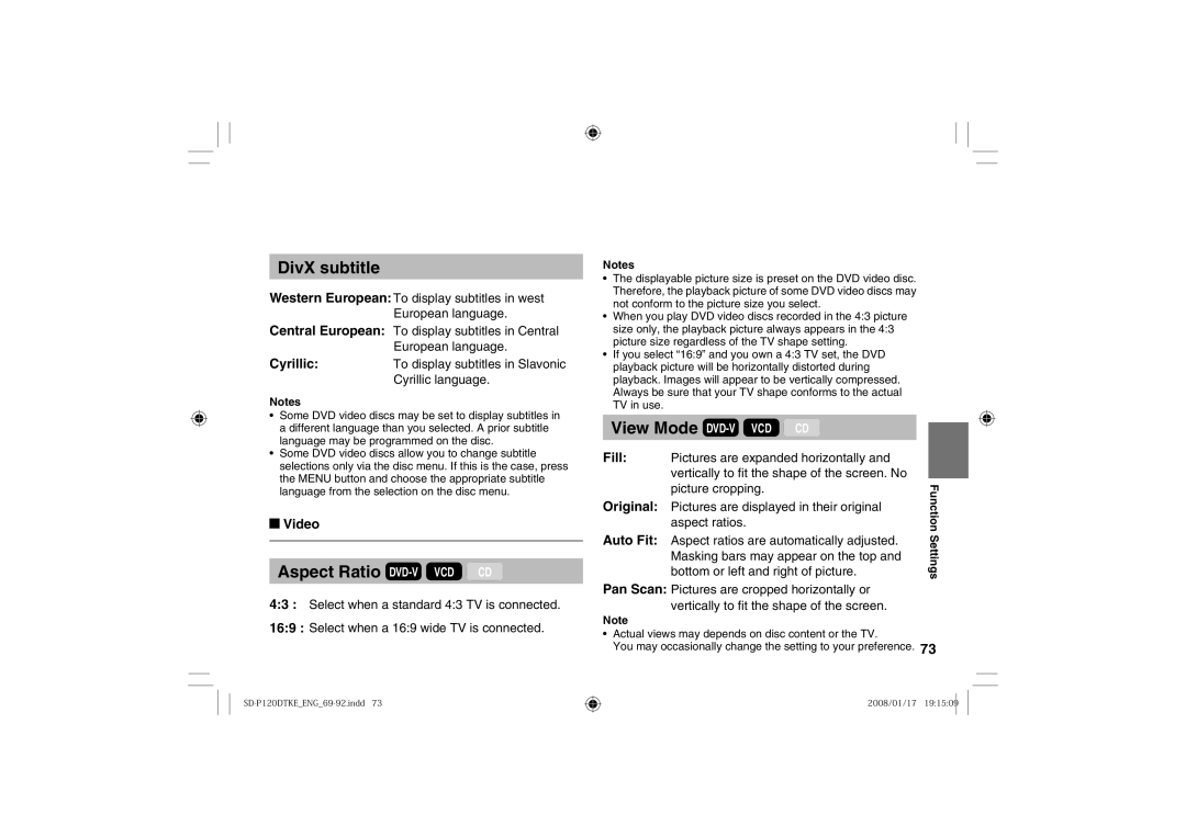 Toshiba SD-P120DTKE owner manual Video, Fill, Original, Auto Fit 