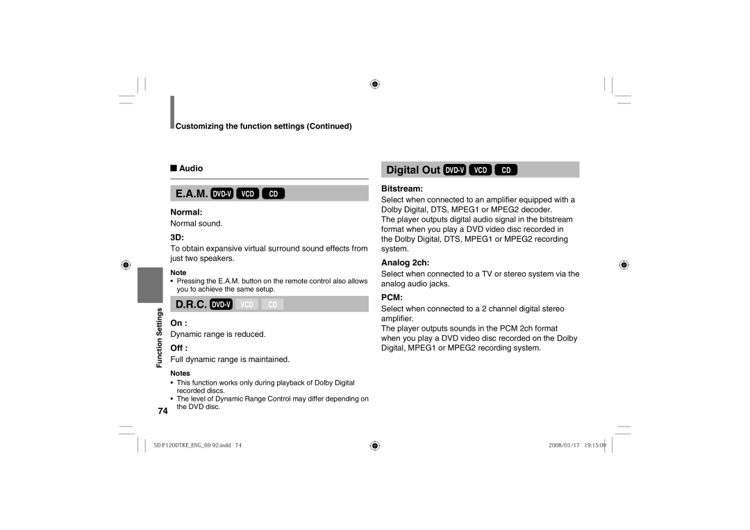 Toshiba SD-P120DTKE owner manual Audio, Normal, Bitstream, Analog 2ch, Full dynamic range is maintained 