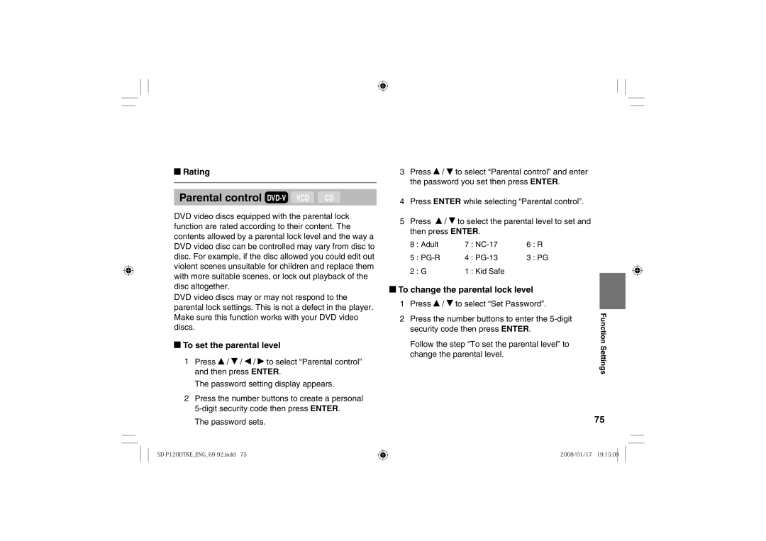 Toshiba SD-P120DTKE owner manual Rating, To change the parental lock level 