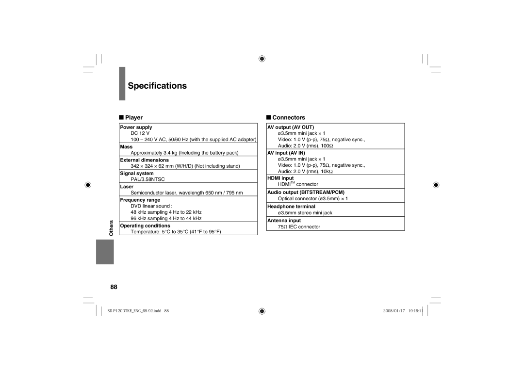 Toshiba SD-P120DTKE owner manual Speciﬁcations, Player, Connectors 