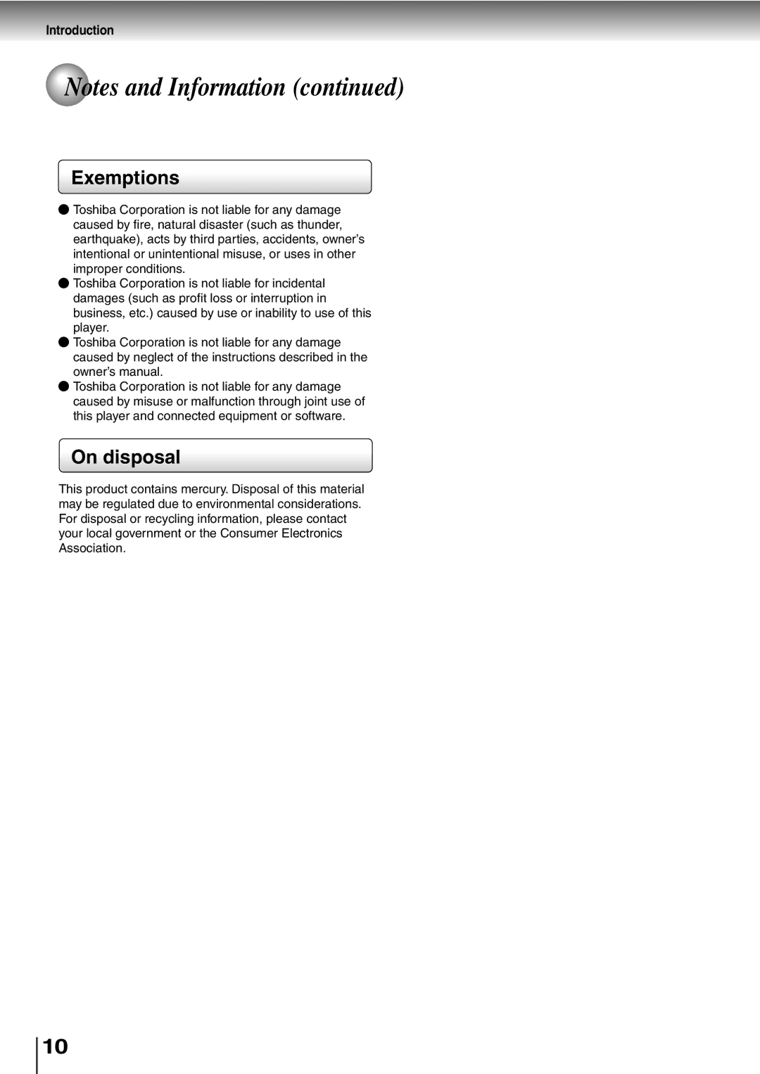 Toshiba SD-P1400 manual Exemptions, On disposal 