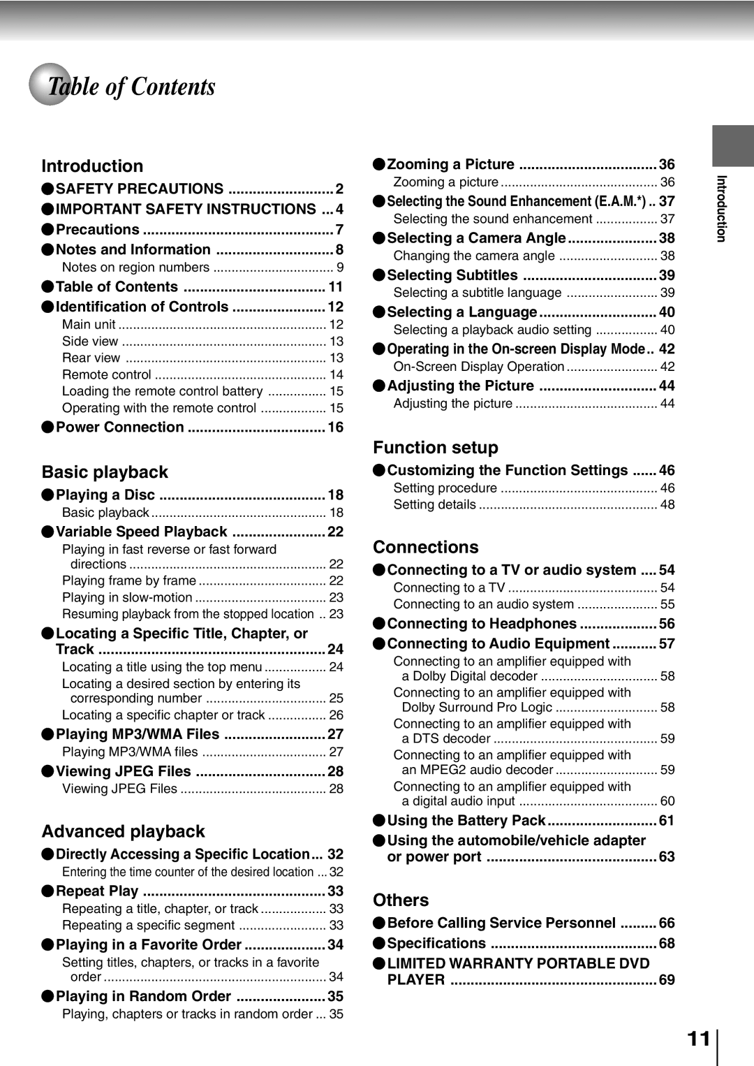 Toshiba SD-P1400 manual Table of Contents 