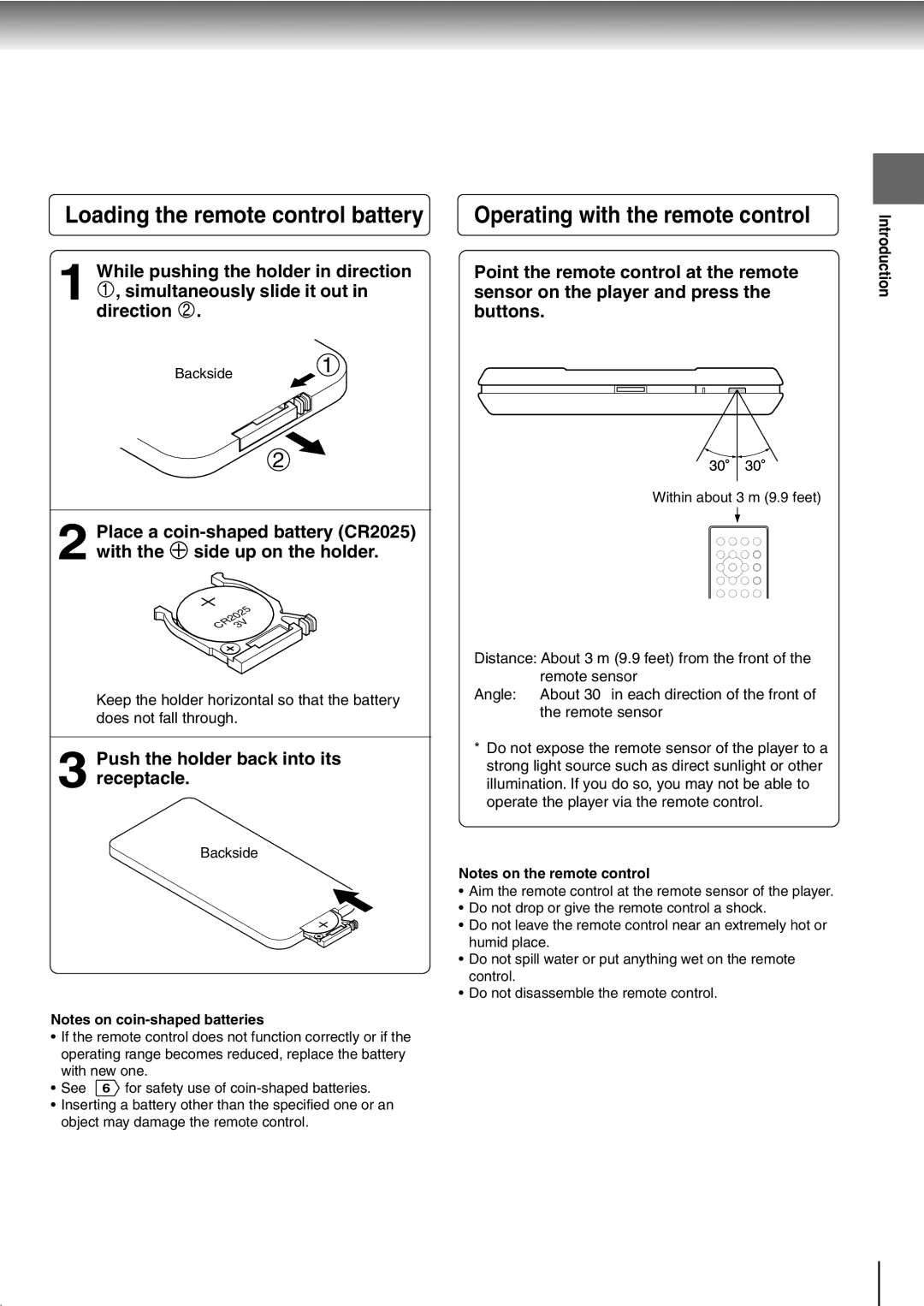 Toshiba SD-P1400 manual Loading the remote control battery, Operating with the remote control 